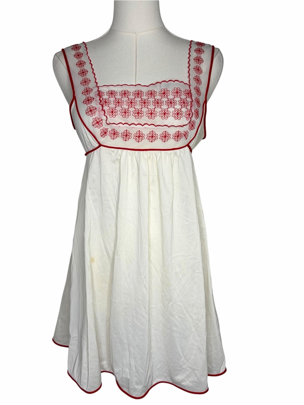 VTG 70s White Red Floral Lingerie Slip Mini Dress coquette